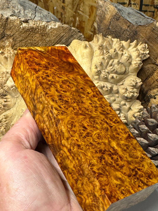 AB1  K&G Stabilized Amboyna Burl Knife/ Block 1911 Grips Natural Burl