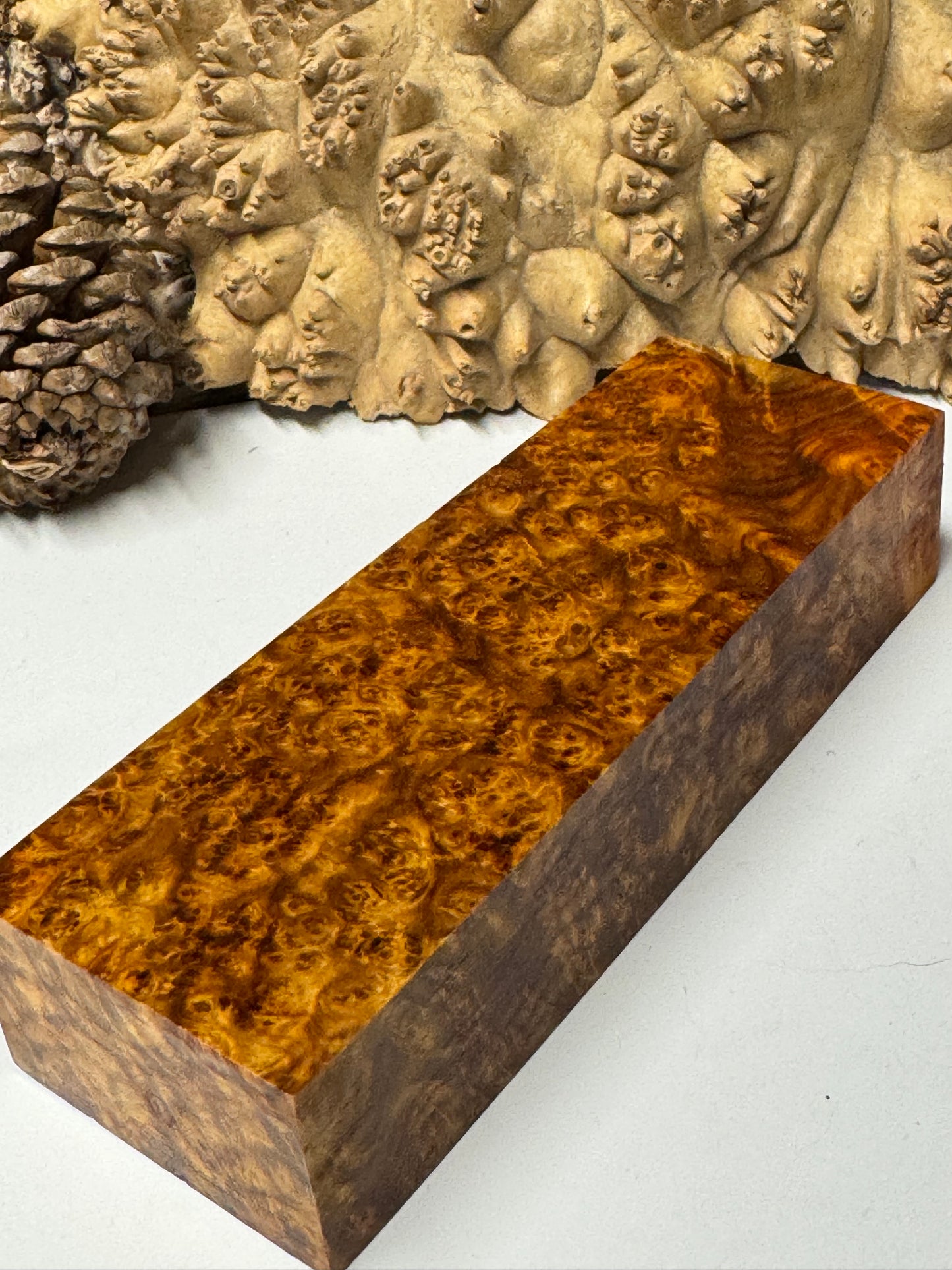 AB1  K&G Stabilized Amboyna Burl Knife/ Block 1911 Grips Natural Burl