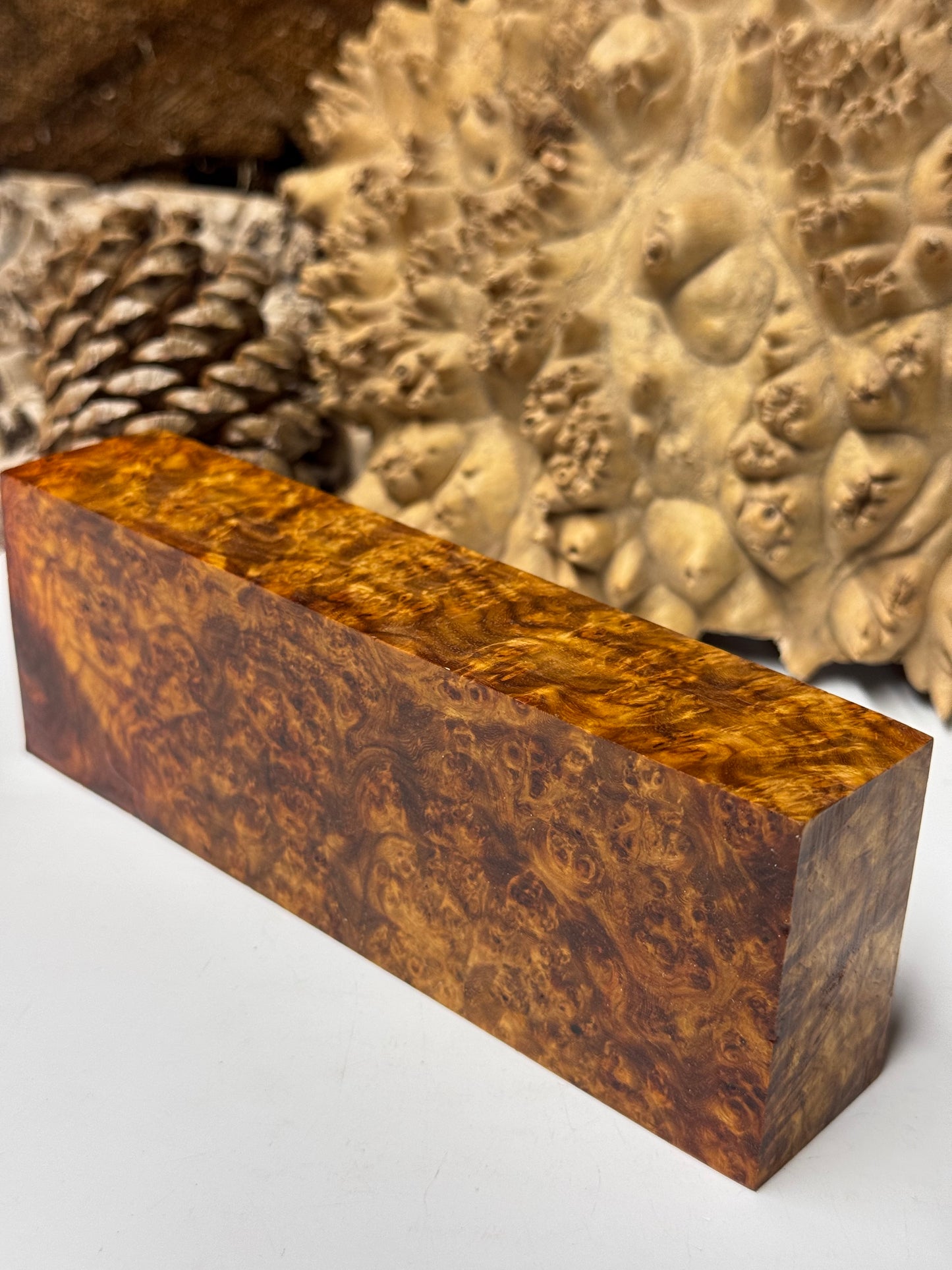 AB1  K&G Stabilized Amboyna Burl Knife/ Block 1911 Grips Natural Burl
