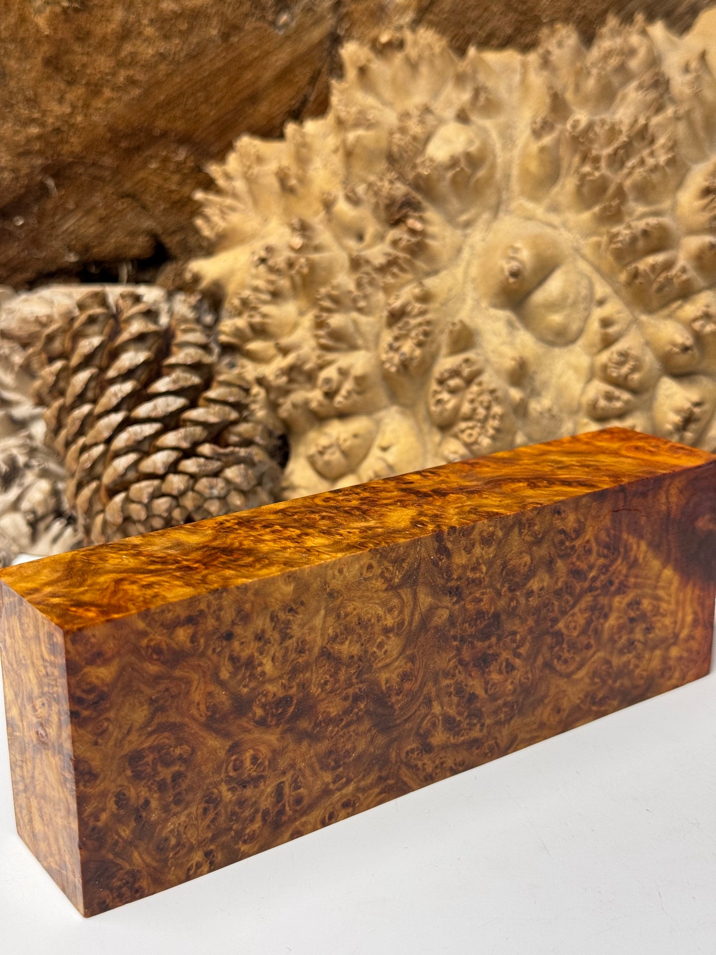 AB1  K&G Stabilized Amboyna Burl Knife/ Block 1911 Grips Natural Burl
