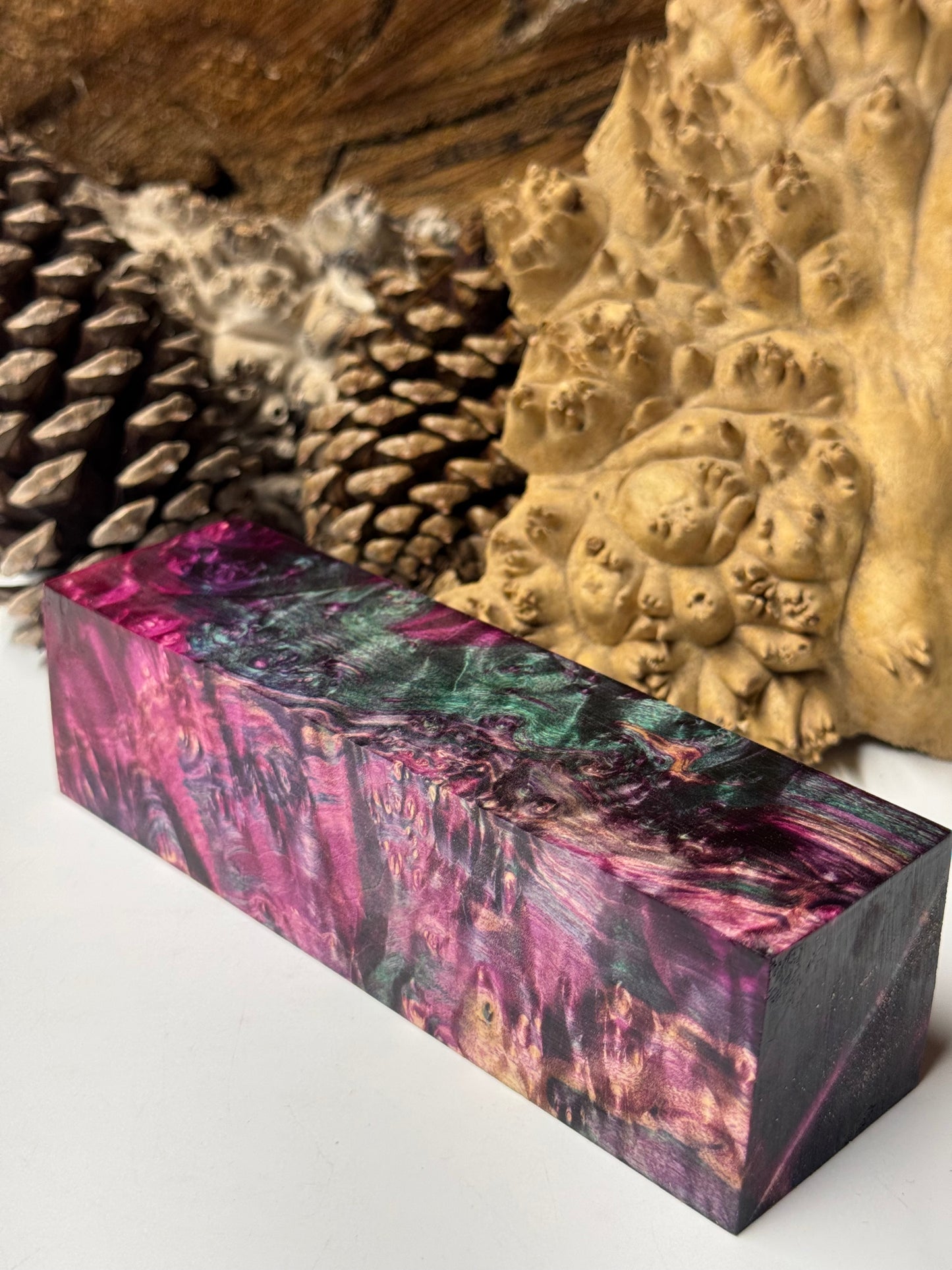 BE-1 Stabilized Box Elder Burl Block 1.625" x 1.625" x 5.9" – Premium Turning Wood & Knife Handle Material