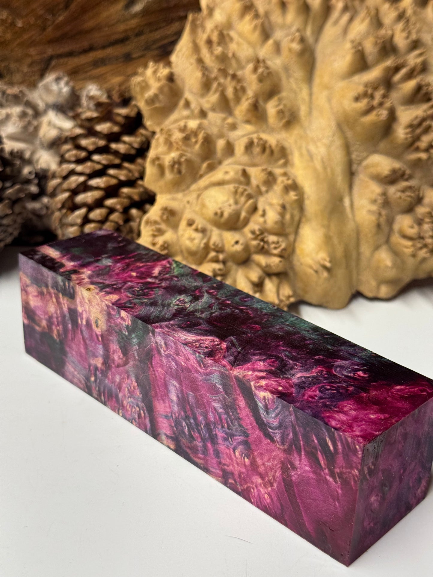 BE-1 Stabilized Box Elder Burl Block 1.625" x 1.625" x 5.9" – Premium Turning Wood & Knife Handle Material